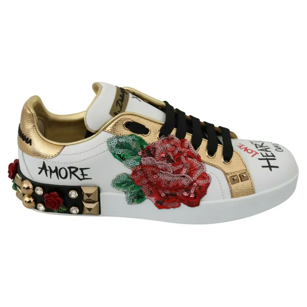 Dolce & Gabbana Weiß Rosen Pailletten Kristall Damen Turnschuhe Schuhe