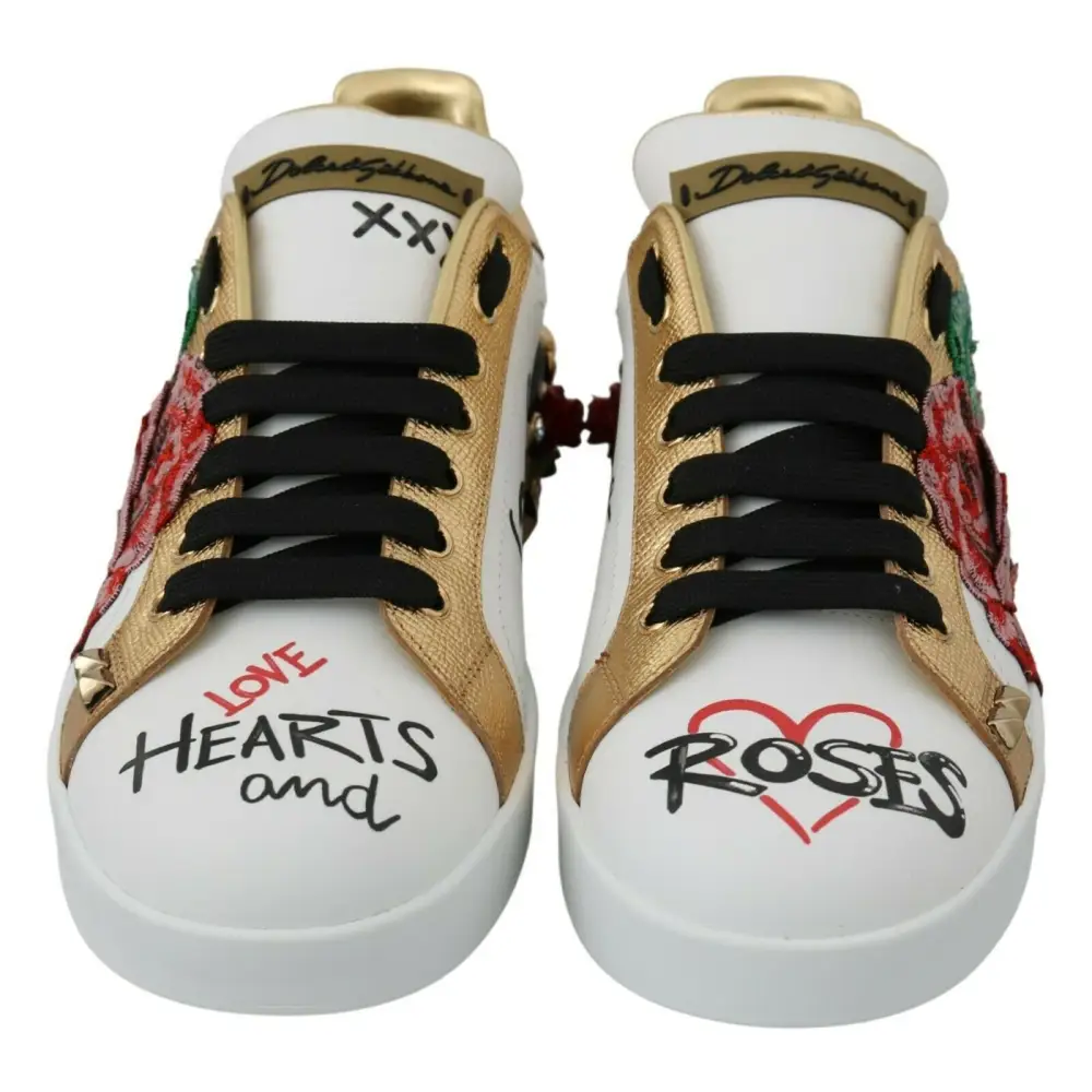 Dolce & Gabbana Weiß Rosen Pailletten Kristall Damen Turnschuhe Schuhe