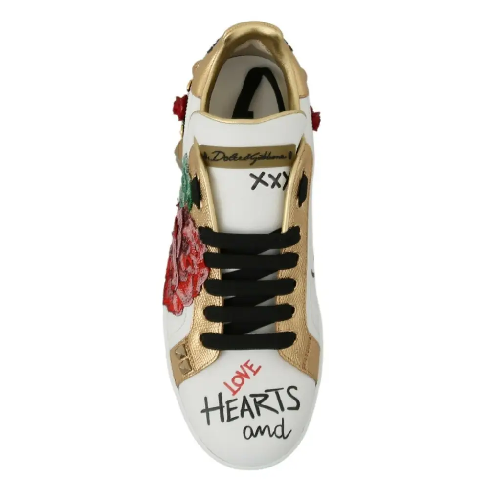 Dolce & Gabbana Weiß Rosen Pailletten Kristall Damen Turnschuhe Schuhe