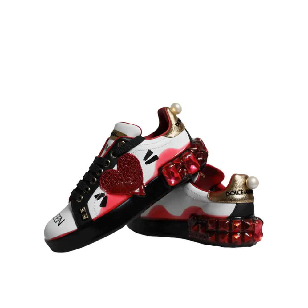 Dolce & Gabbana Weiß Rot Kristalle Leder Portofino Turnschuhe Schuhe - EU35/US4.5