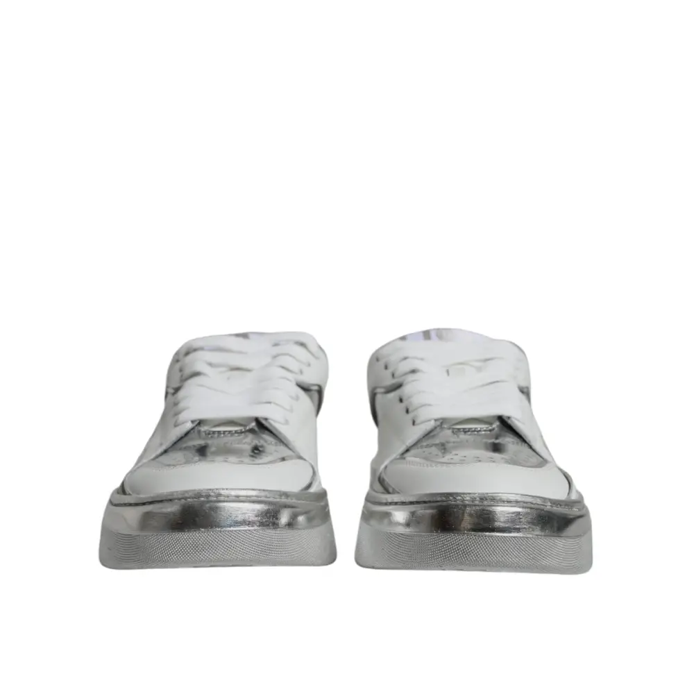 Dolce & Gabbana Weiß Silber Leder Low Top Sneakers Schuhe - EU39/US8.5