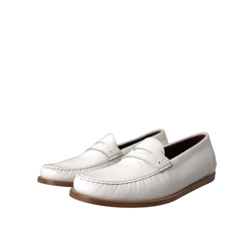 Dolce & Gabbana Weiße Leder Slip On Mokassin Loafers Schuhe