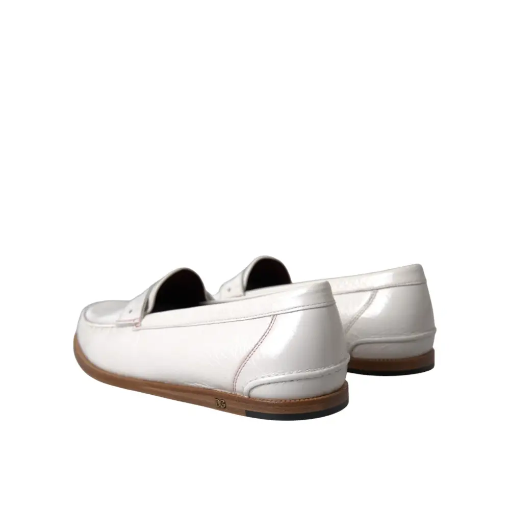 Dolce & Gabbana Weiße Leder Slip On Mokassin Loafers Schuhe