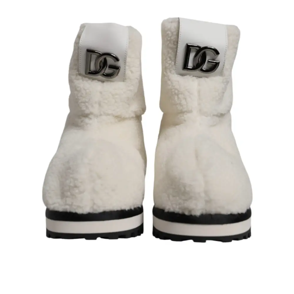 Dolce & Gabbana Weiße Plüsch Logo Gepolsterte Mittlere Wadenstiefel Schuhe - EU44/US11
