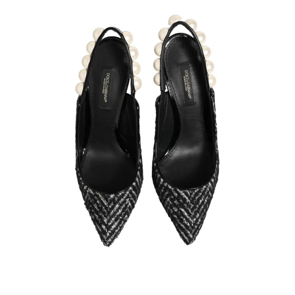 Dolce & Gabbana Weiße Slingback-Schuhe mit Schwarz-Weiß-Chevron-Muster und Kunstperlen - EU36/US5.5