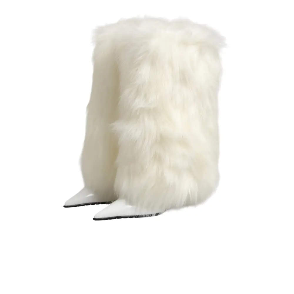 Dolce & Gabbana Weiße Stiefel mit Fell und Stilettos bis zum Knie - EU38/US7.5