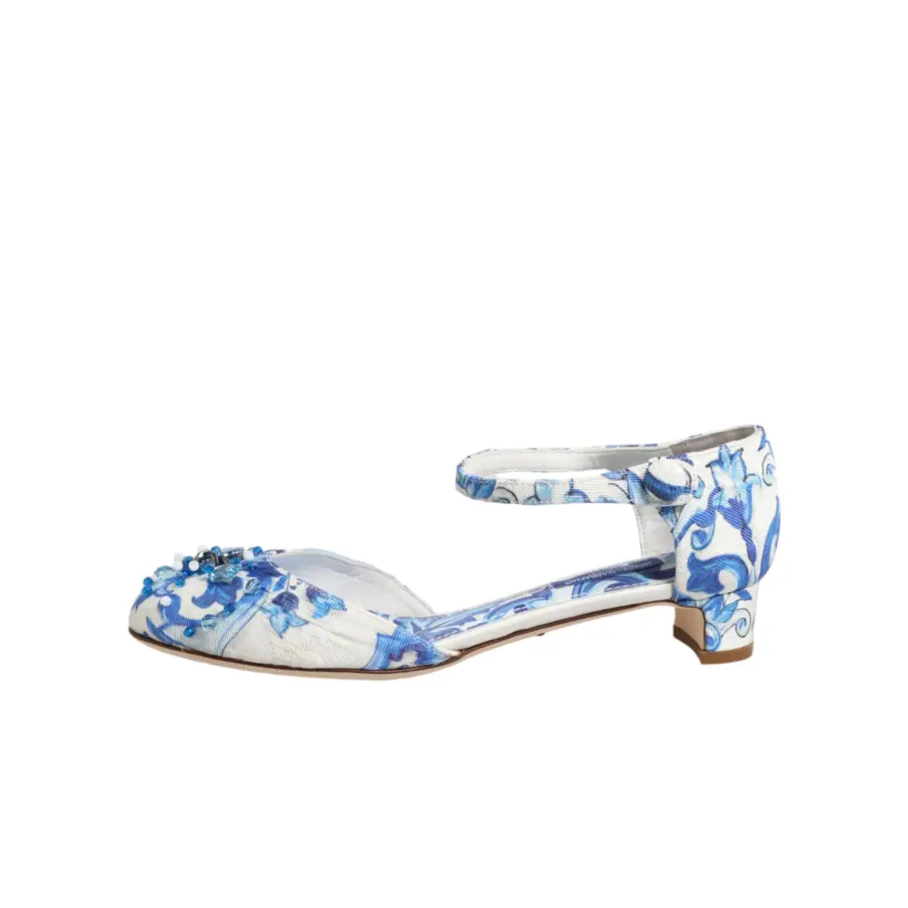 Dolce & Gabbana Weiße und blaue Sandalen mit Blumenmuster und Kristallen - EU36/US5.5
