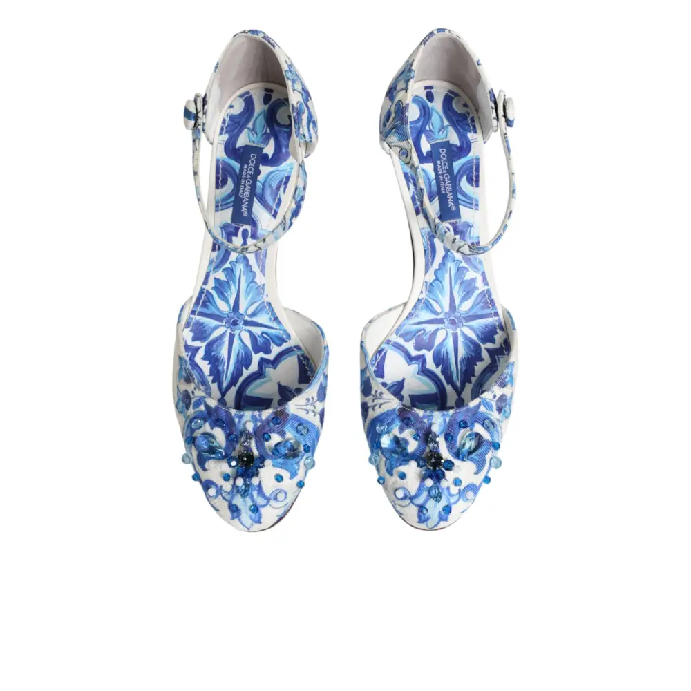 Dolce & Gabbana Weiße und blaue Sandalen mit Blumenmuster und Kristallen - EU36/US5.5