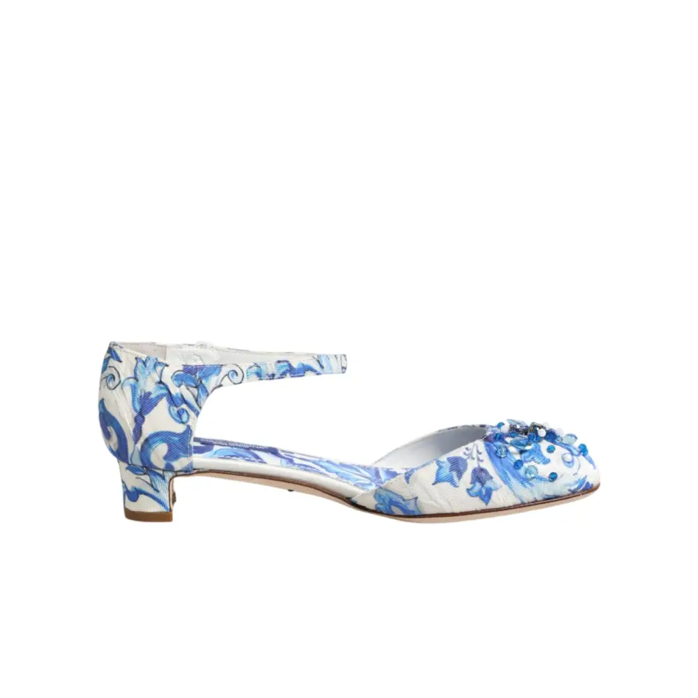 Dolce & Gabbana Weiße und blaue Sandalen mit Blumenmuster und Kristallen - EU36/US5.5