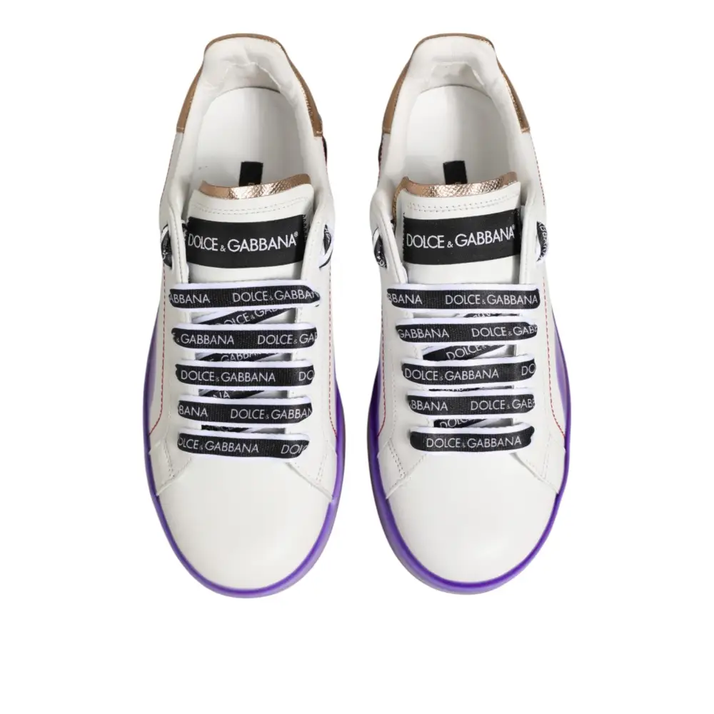 Dolce & Gabbana Weiße und Lila Leder-Sneaker mit niedrigem Schaft - EU37/US6.5