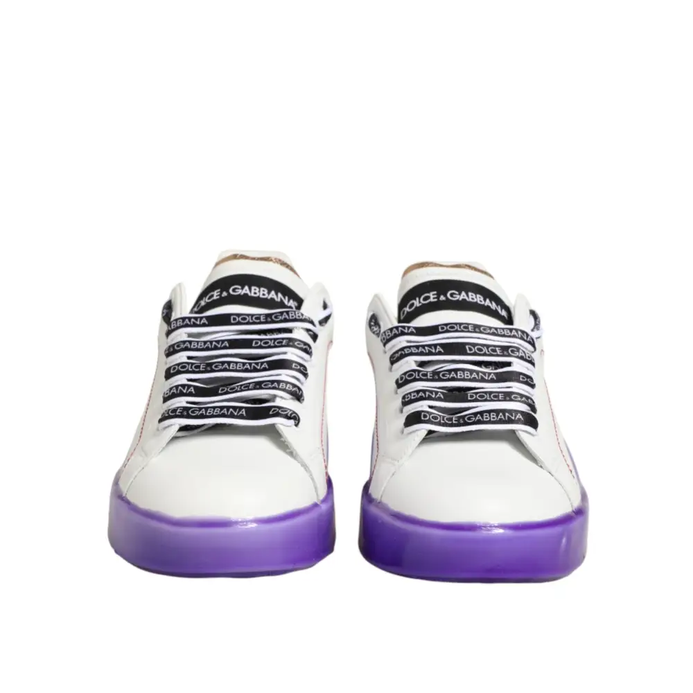 Dolce & Gabbana Weiße und Lila Leder-Sneaker mit niedrigem Schaft - EU37/US6.5
