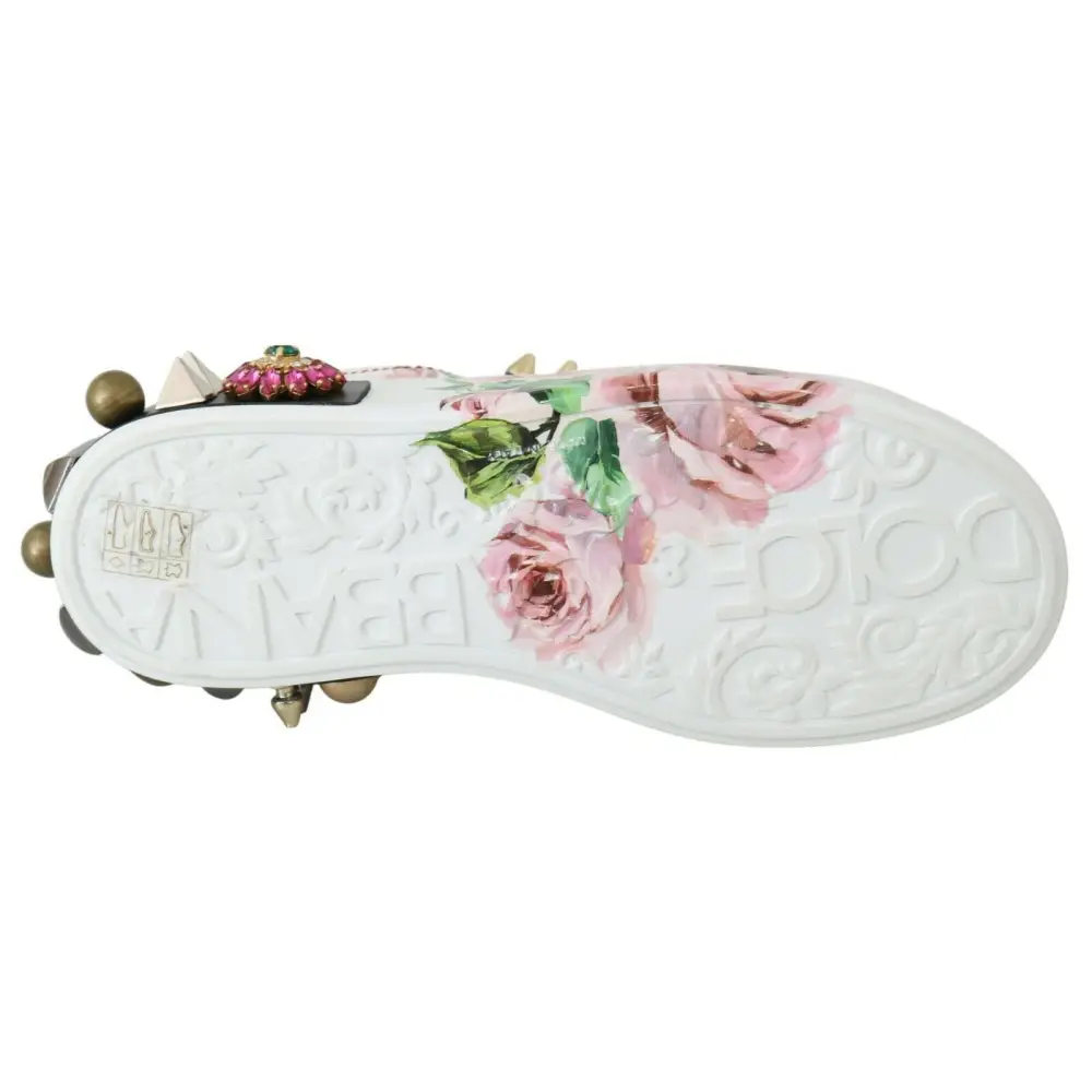 Dolce & Gabbana Weißes Leder Kristall Rosen Floral Turnschuhe Schuhe - EU35/US4.5
