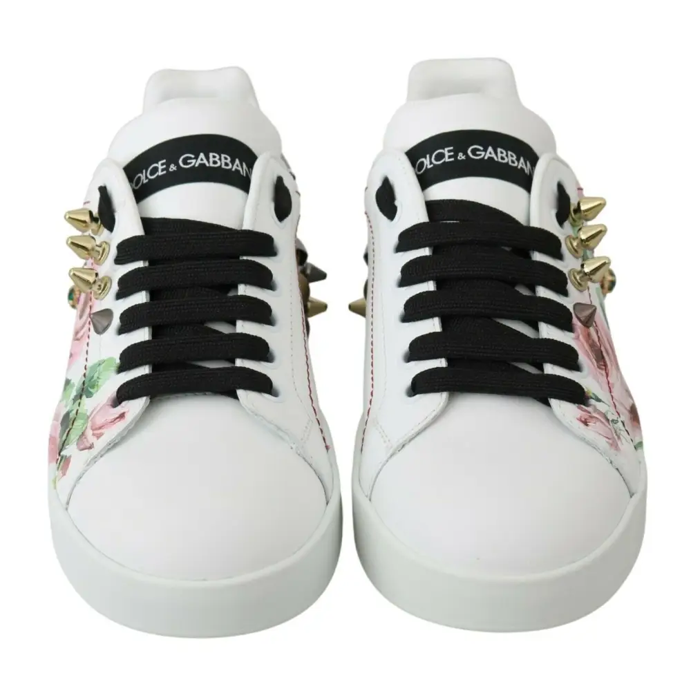 Dolce & Gabbana Weißes Leder Kristall Rosen Floral Turnschuhe Schuhe - EU35/US4.5