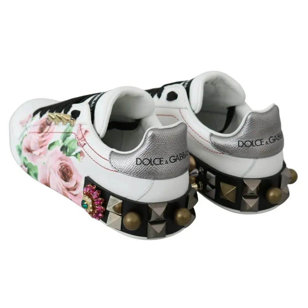Dolce & Gabbana Weißes Leder Kristall Rosen Floral Turnschuhe Schuhe - EU35/US4.5