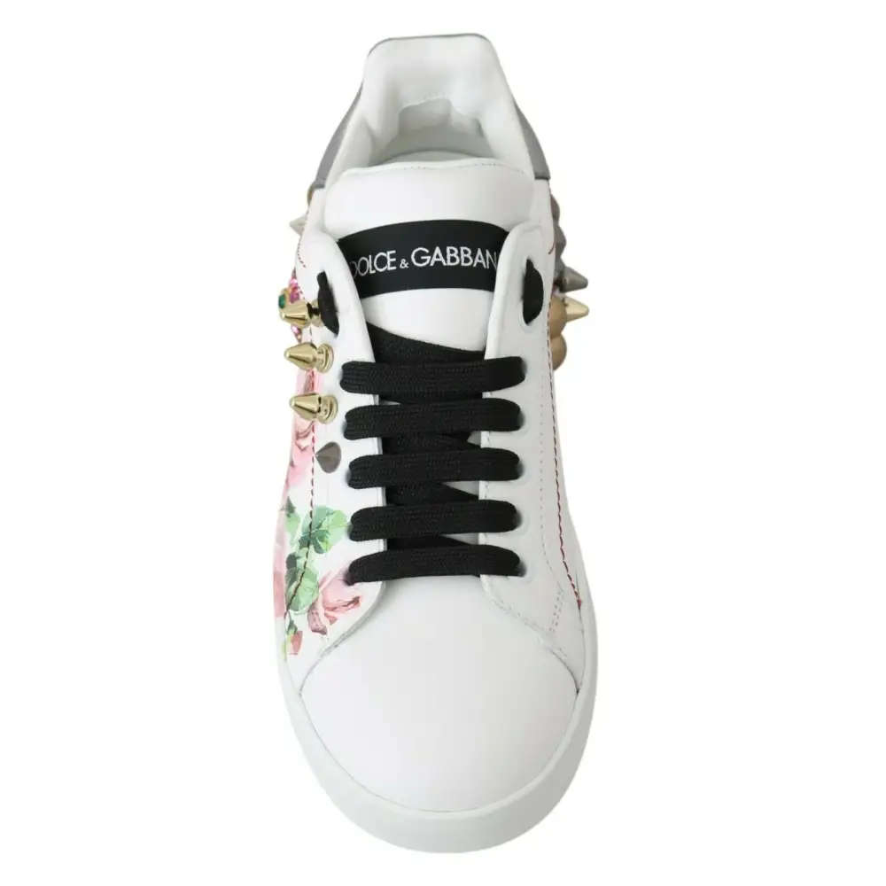 Dolce & Gabbana Weißes Leder Kristall Rosen Floral Turnschuhe Schuhe - EU35/US4.5