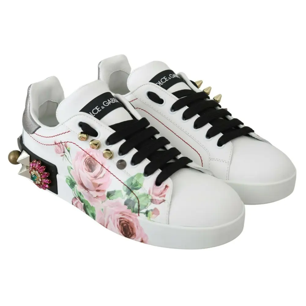Dolce & Gabbana Weißes Leder Kristall Rosen Floral Turnschuhe Schuhe - EU35/US4.5