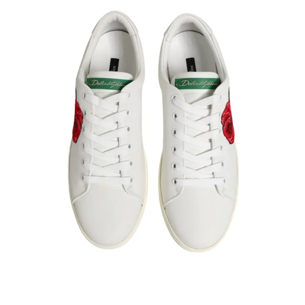 Dolce & Gabbana Weißes Leder mit Rosenstickerei Low-Top Schuhe