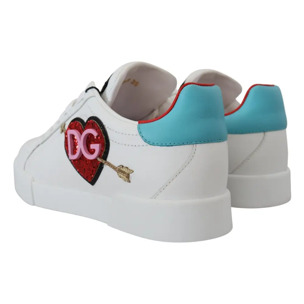 Dolce & Gabbana Weißes Leder Sneaker Portofino Logo Heart Schuhe - EU35/US4.5