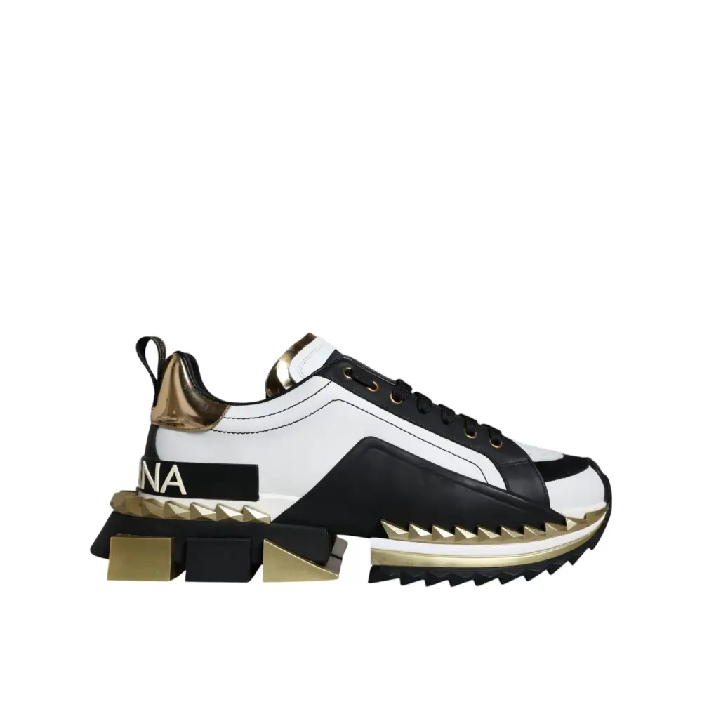 Dolce & Gabbana White Gold Black Leather SUPER KING Sneakers Shoes