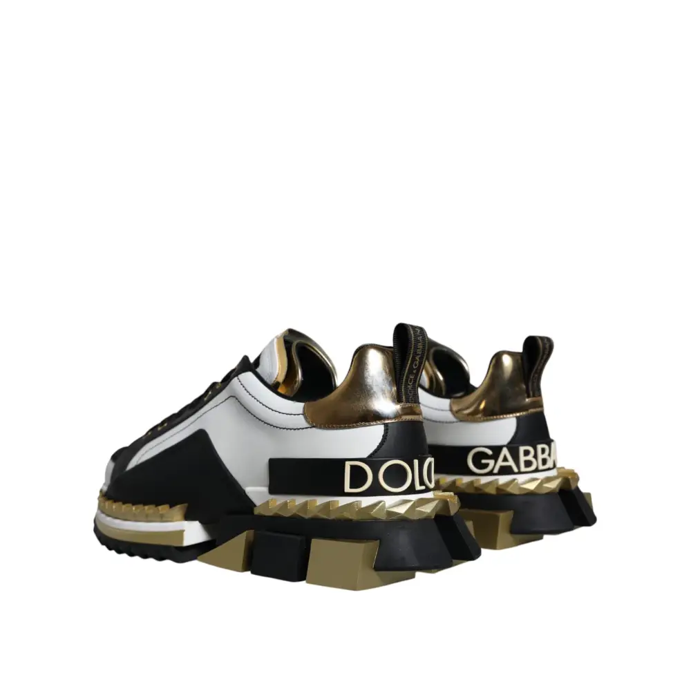Dolce & Gabbana White Gold Black Leather SUPER KING Sneakers Shoes