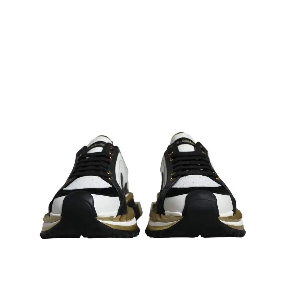 Dolce & Gabbana White Gold Black Leather SUPER KING Sneakers Shoes