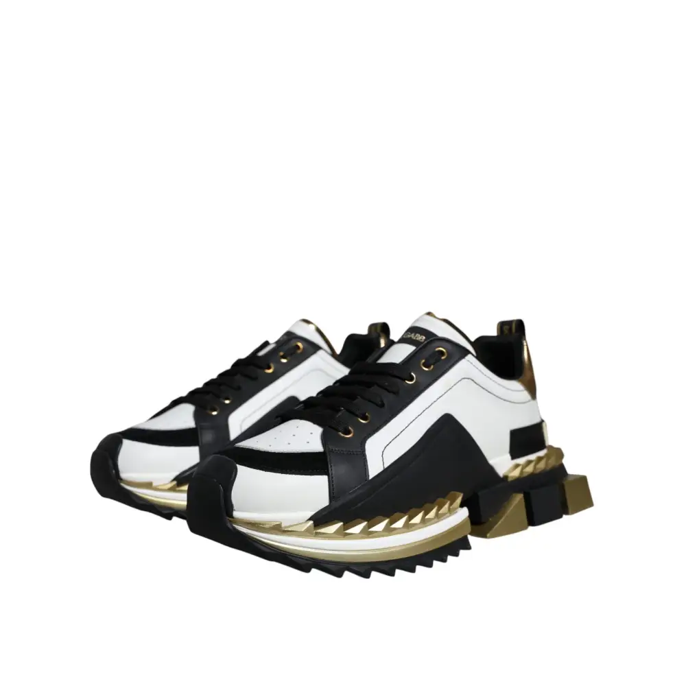 Dolce & Gabbana White Gold Black Leather SUPER KING Sneakers Shoes