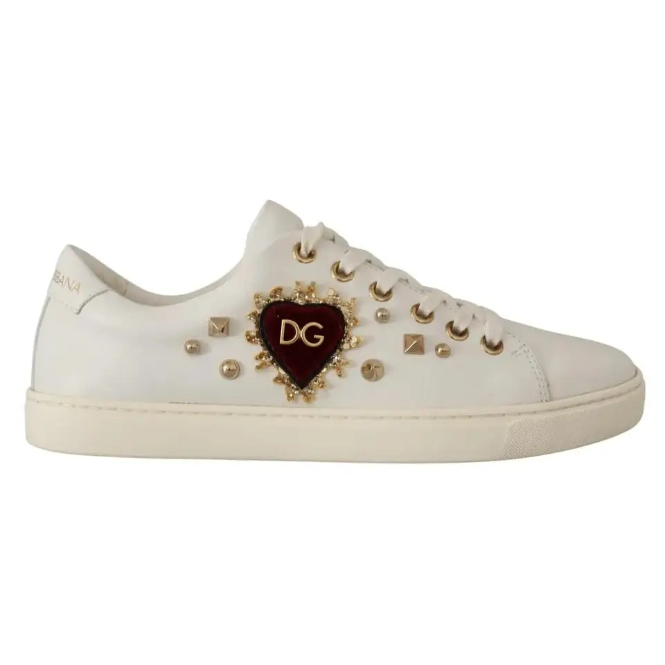Dolce & Gabbana White Leather Gold Red Heart Sneakers Shoes