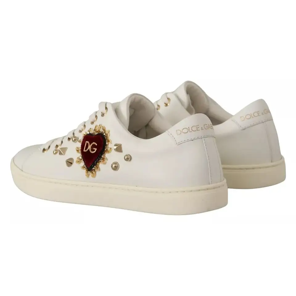 Dolce & Gabbana White Leather Gold Red Heart Sneakers Shoes