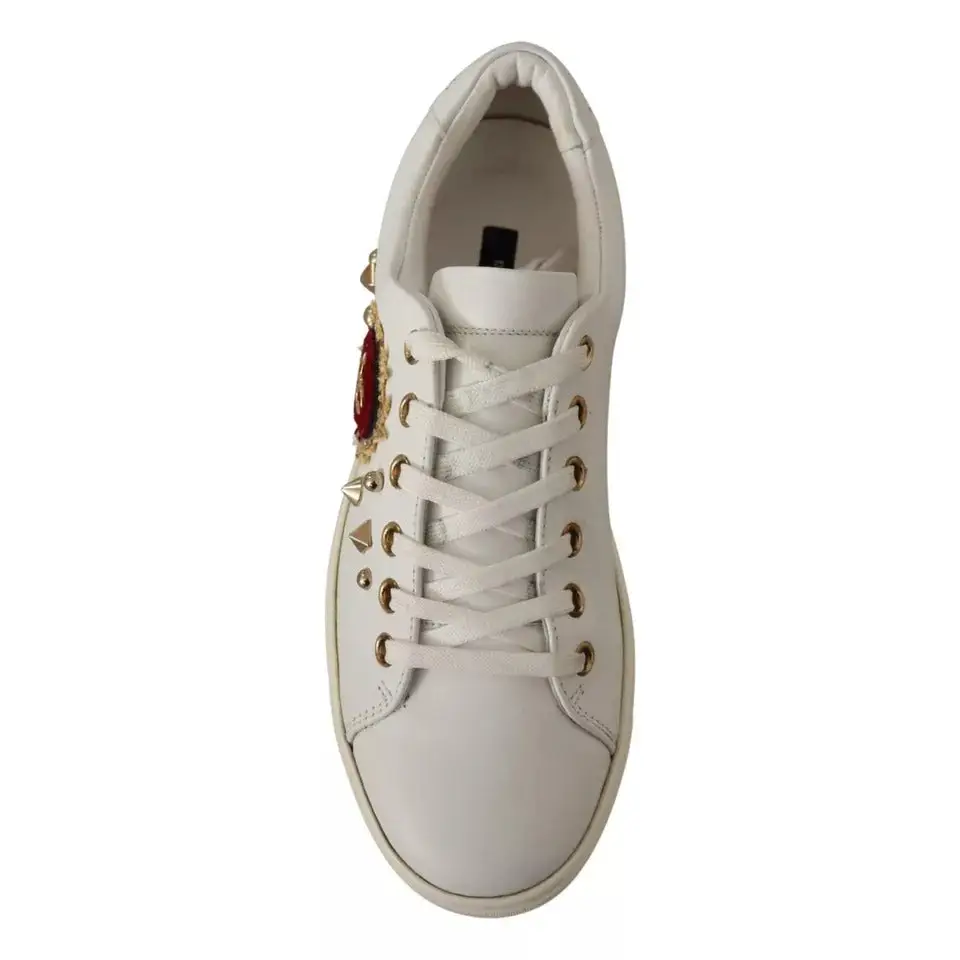 Dolce & Gabbana White Leather Gold Red Heart Sneakers Shoes