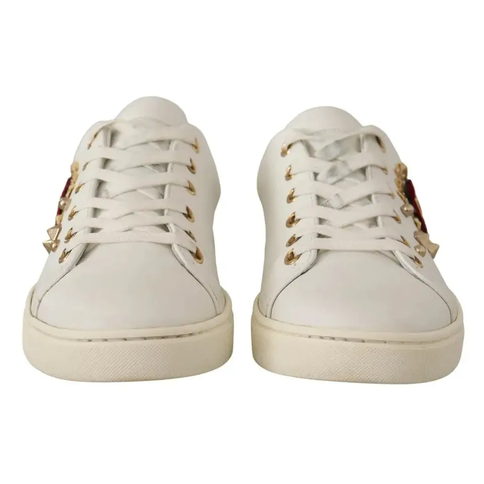 Dolce & Gabbana White Leather Gold Red Heart Sneakers Shoes