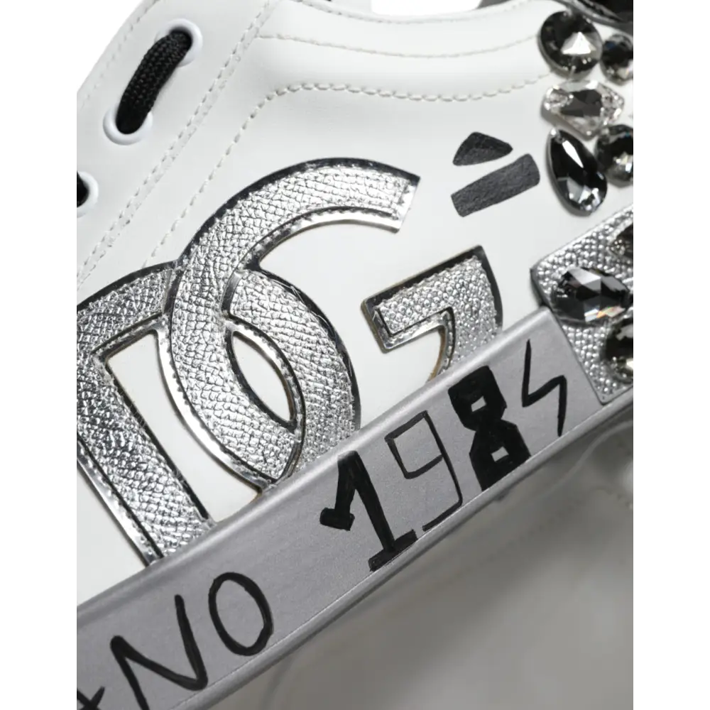 Dolce & Gabbana White Silver Crystal Logo Portofino Sneakers Shoes