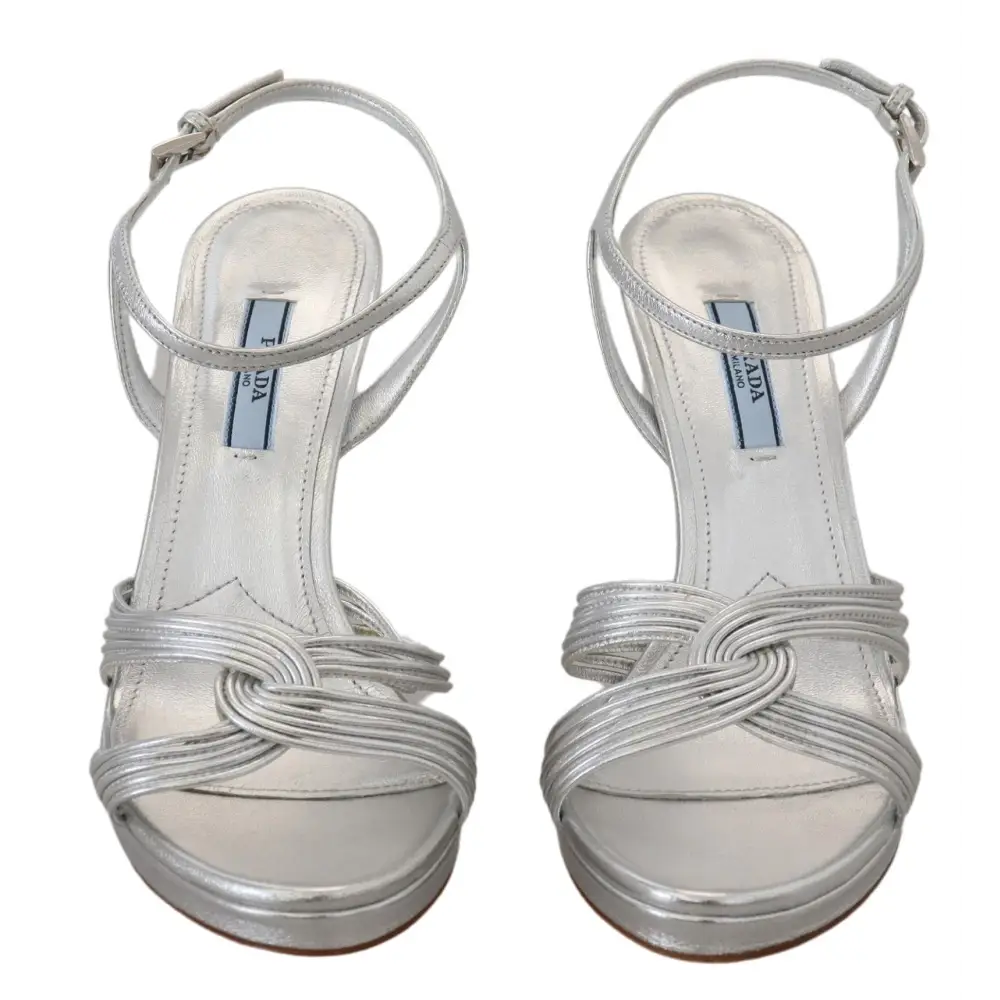 Prada Silberne Leder-Sandalen Knöchelriemen-Absätze Stiletto