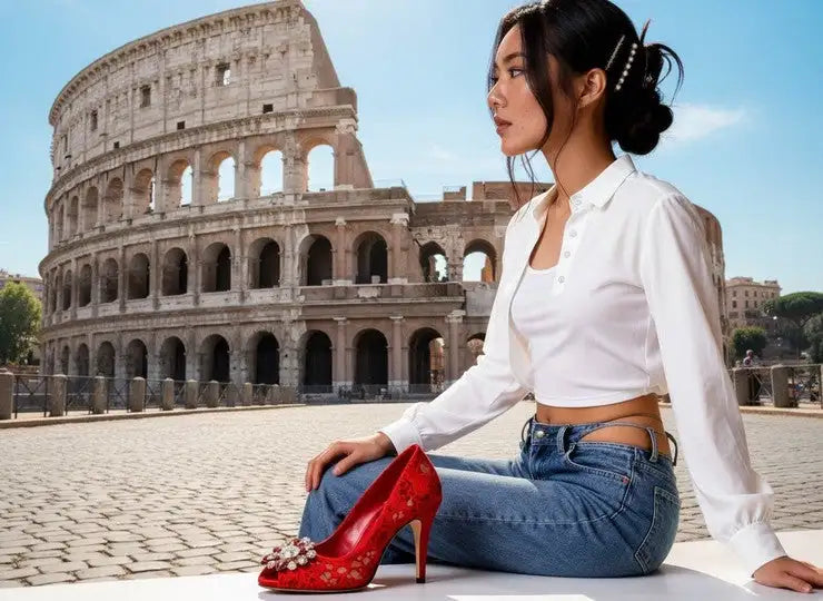 Roter hochhackiger Schuh mit Perlenverzierung und glänzender Oberfläche.