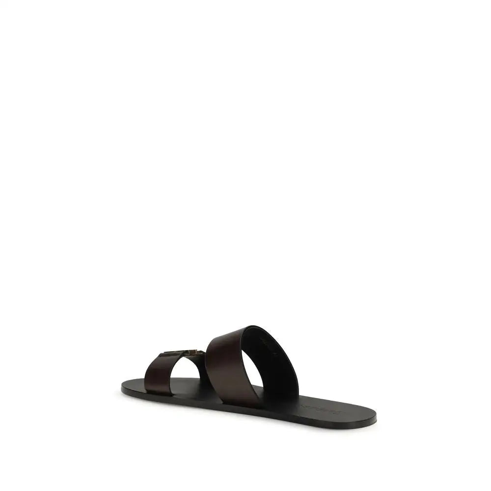 Saint Laurent Braune Kalbsleder-Sandalen Bos Taurus Flach