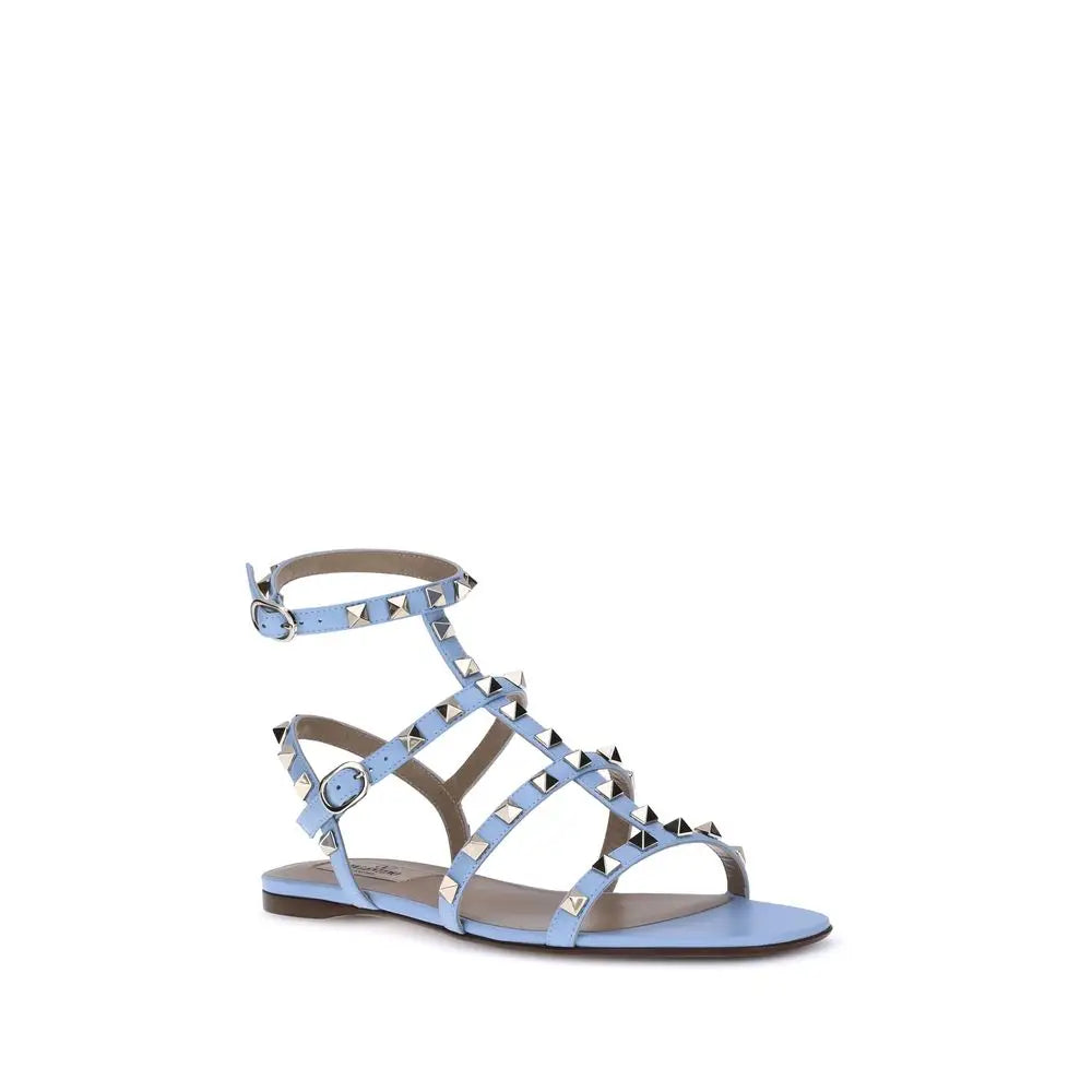 Valentino Garavani Hellblaue Kalbsleder Bos Taurus Flache Sandalen