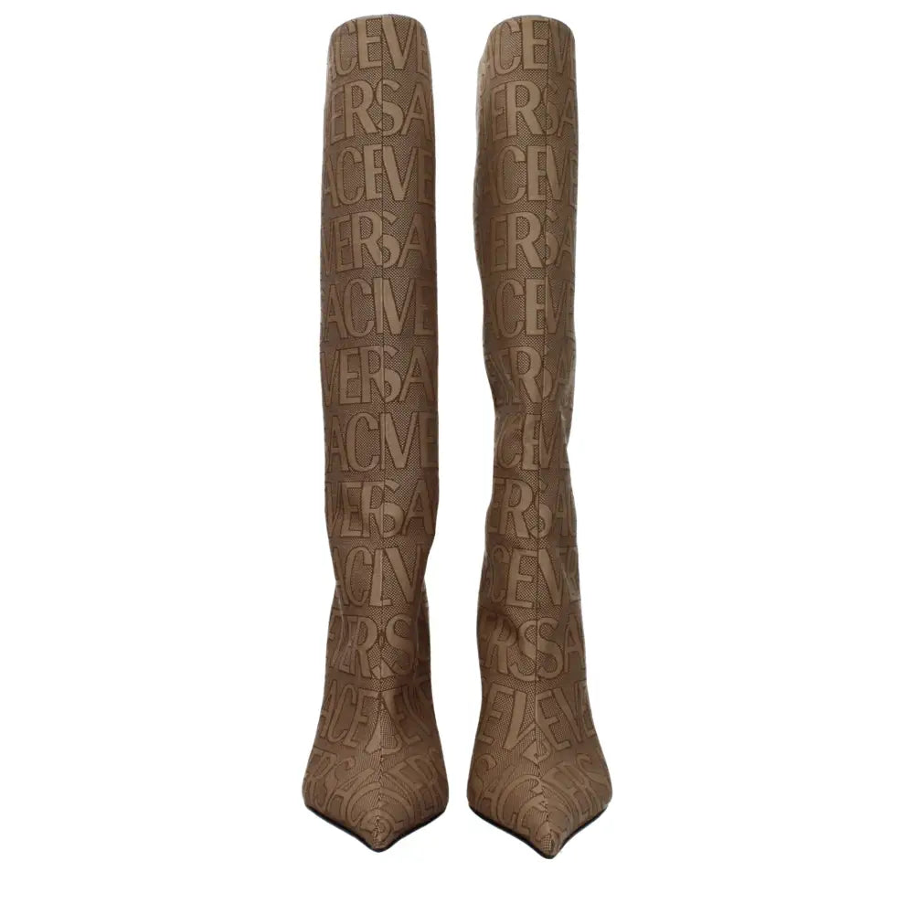 Versace Beigefarbene High-Heel-Stiefel aus Stoff - EU36/US6