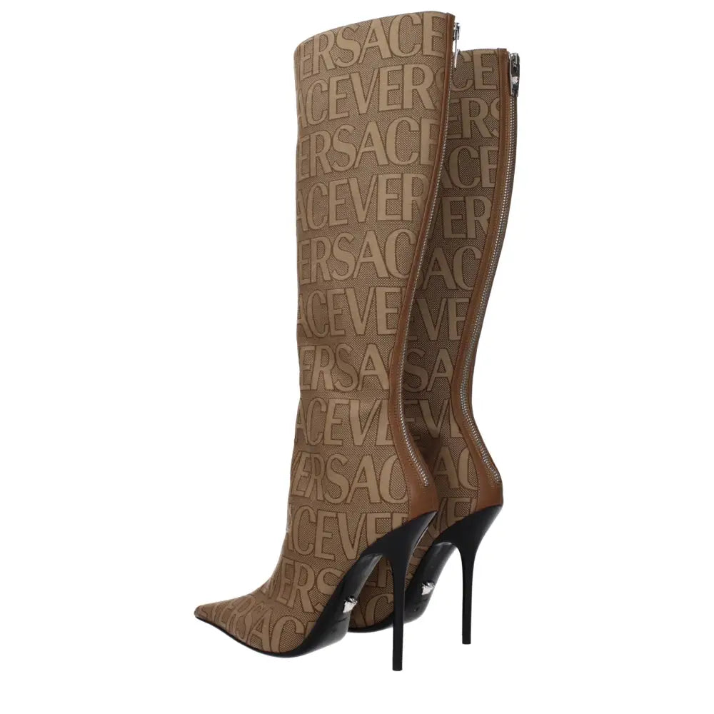 Versace Beigefarbene High-Heel-Stiefel aus Stoff - EU36/US6