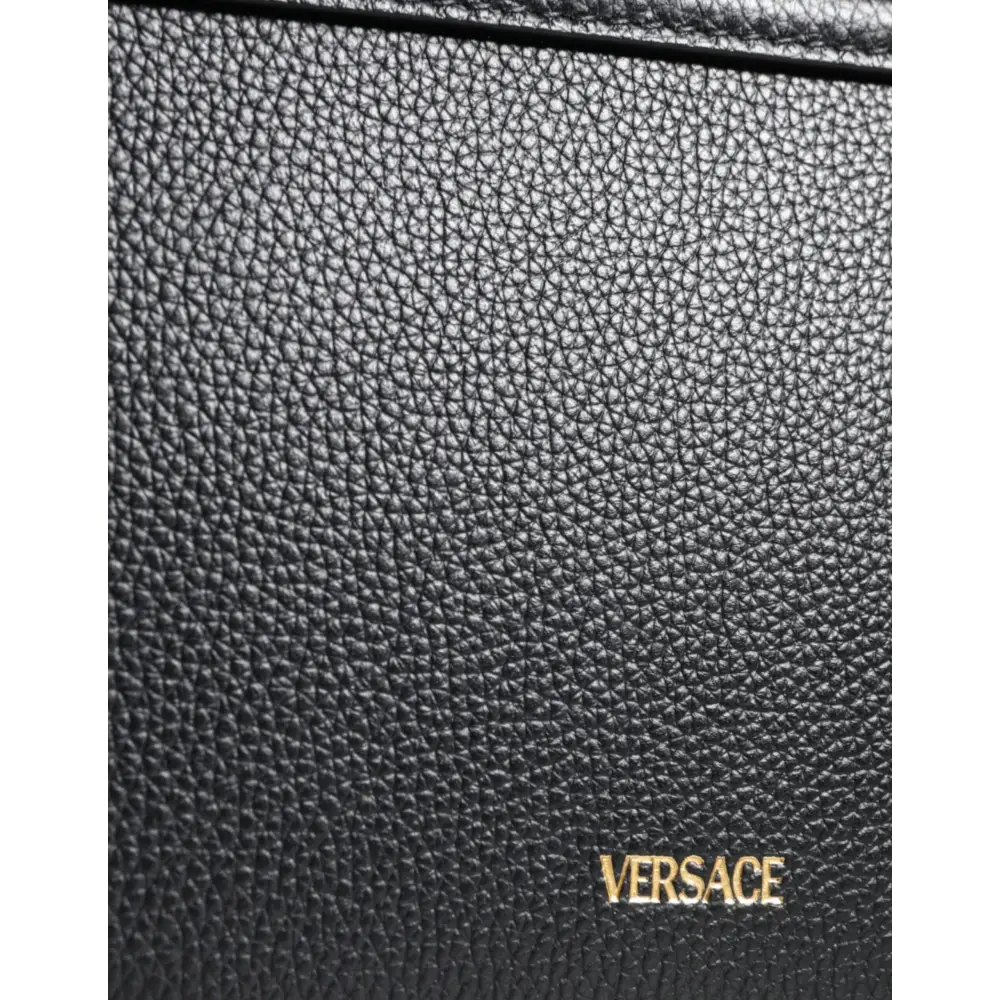 Versace Black Grainy Calf Leather Logo Crossbody Shoulder Bag