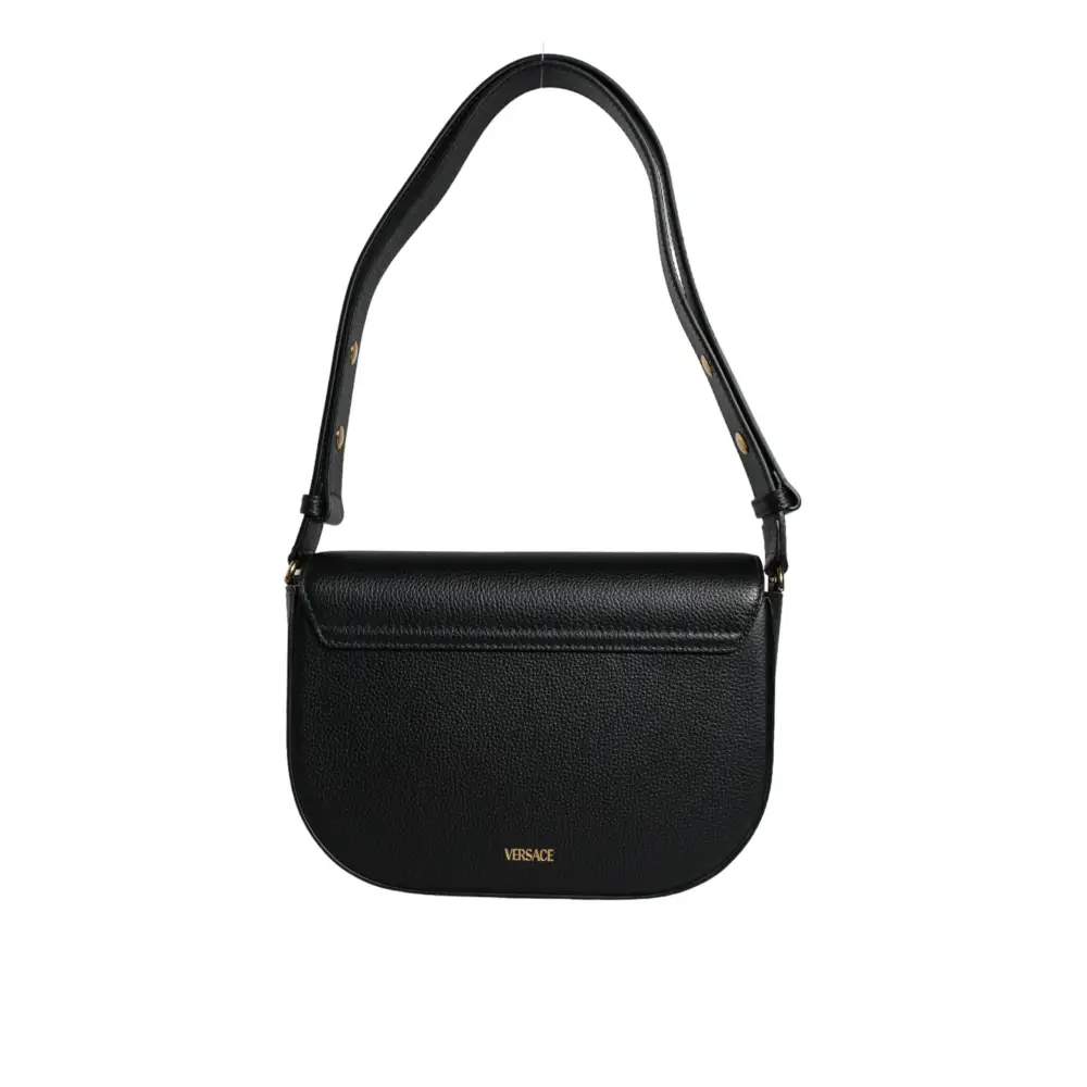 Versace Black Grainy Calf Leather Logo Crossbody Shoulder Bag
