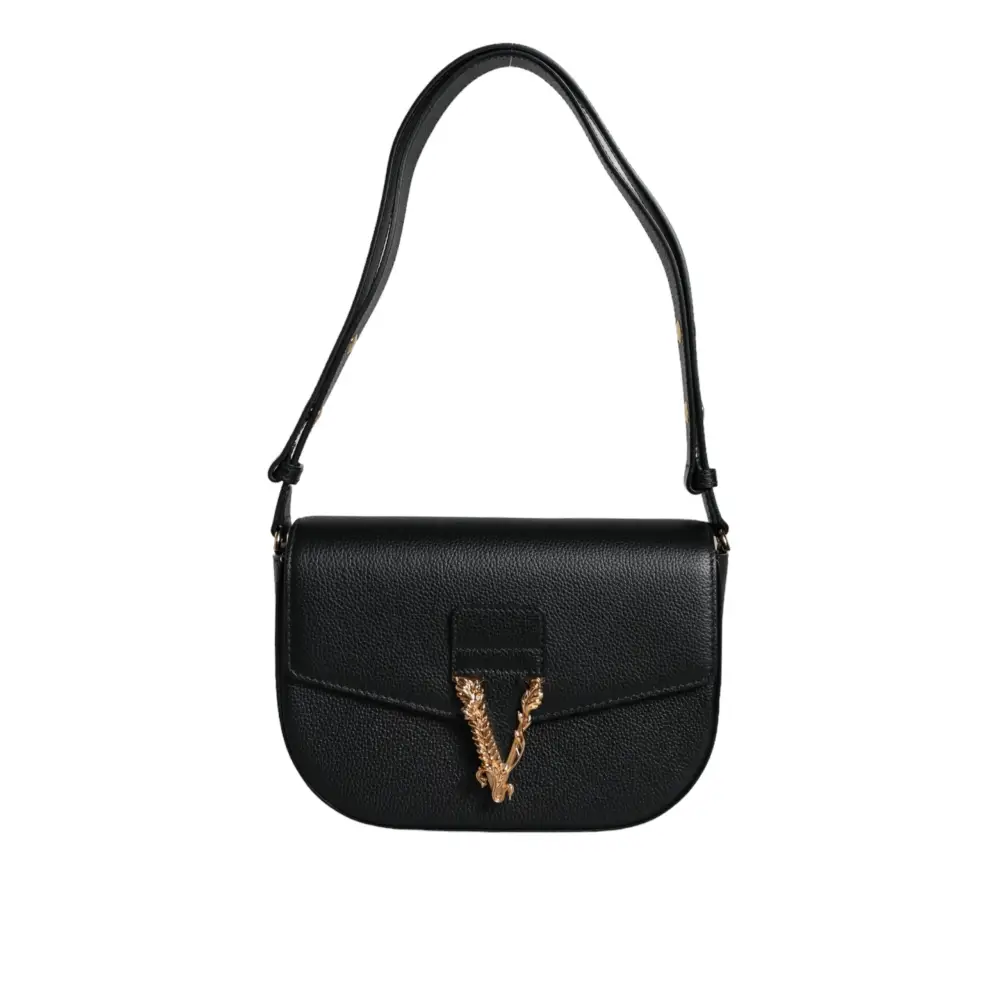 Versace Black Grainy Calf Leather Logo Crossbody Shoulder Bag