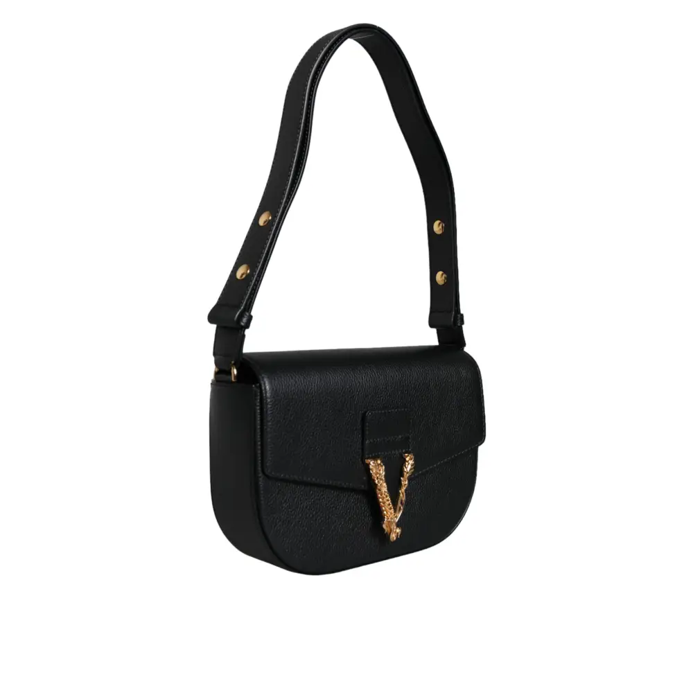 Versace Black Grainy Calf Leather Logo Crossbody Shoulder Bag