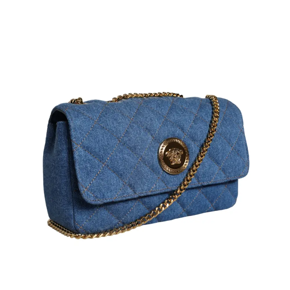 Versace Blaue gesteppte Denim Leder Crossbody Umhängetasche
