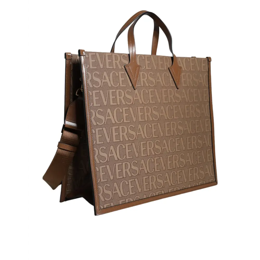 Versace Braune Jacquard-Leder-Logo-Crossbody-Tasche mit Obergriff