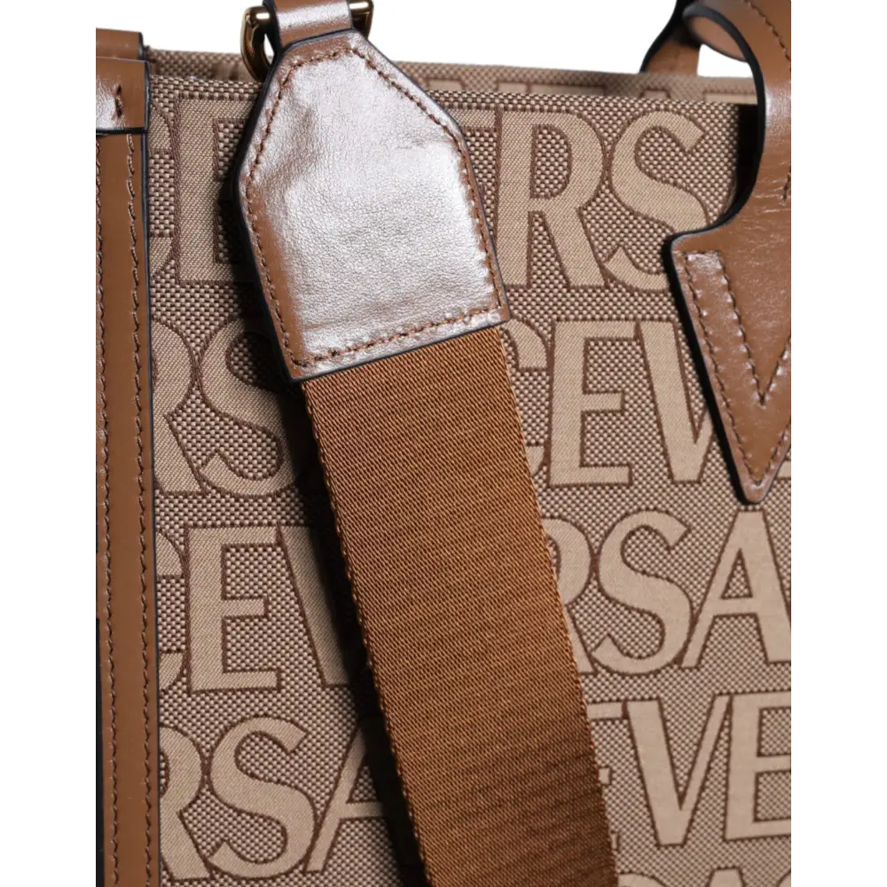 Versace Braune Jacquard-Leder-Logo-Crossbody-Tasche mit Obergriff
