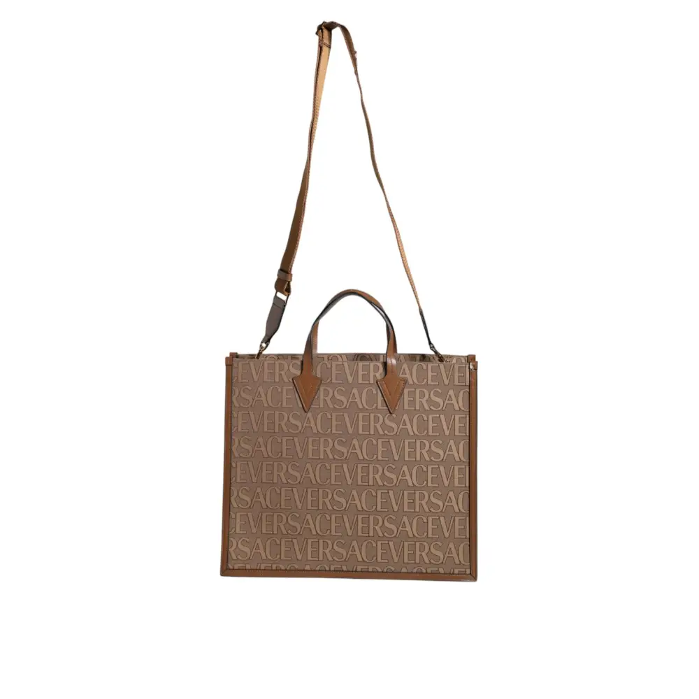 Versace Braune Jacquard-Leder-Logo-Crossbody-Tasche mit Obergriff