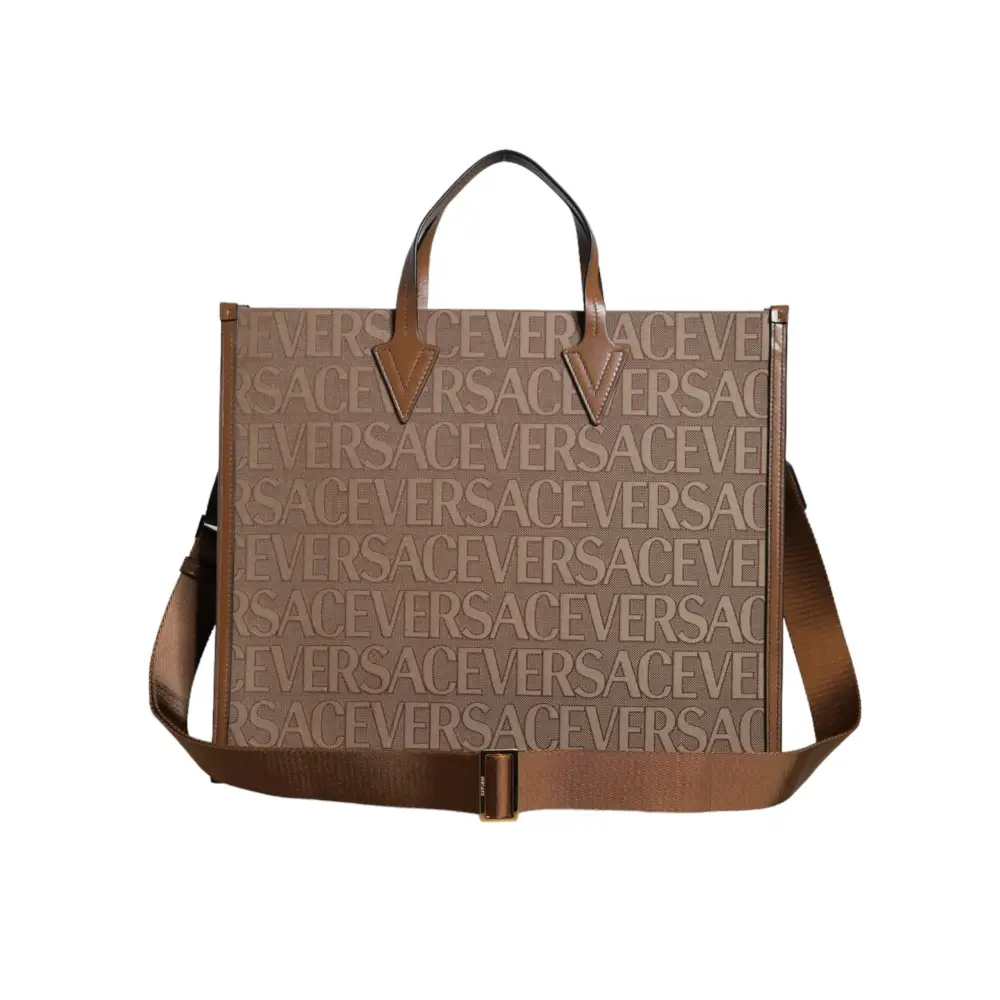 Versace Braune Jacquard-Leder-Logo-Crossbody-Tasche mit Obergriff