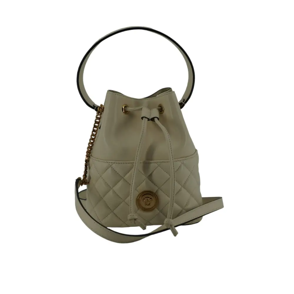 Versace Elegante kleine Eimer-Umhängetasche aus weißem Leder