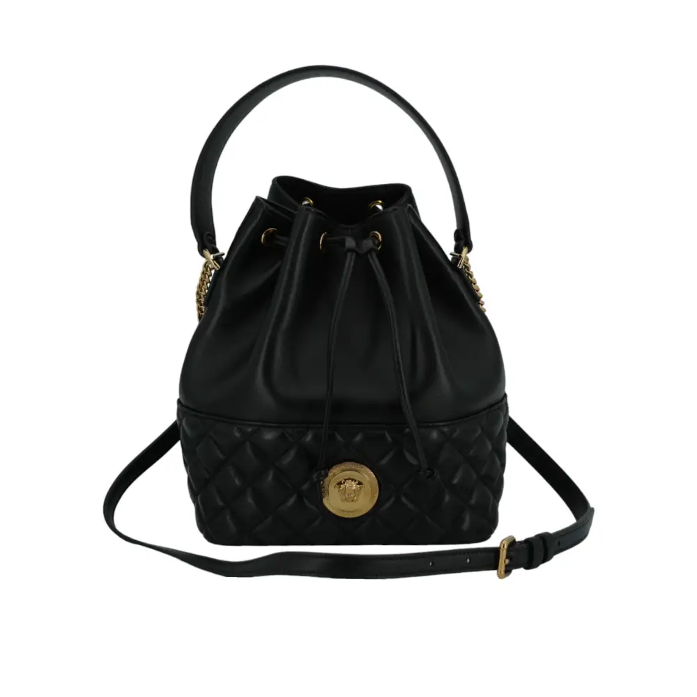 Versace Elegante schwarze Leder Medusa Bucket Umhängetasche