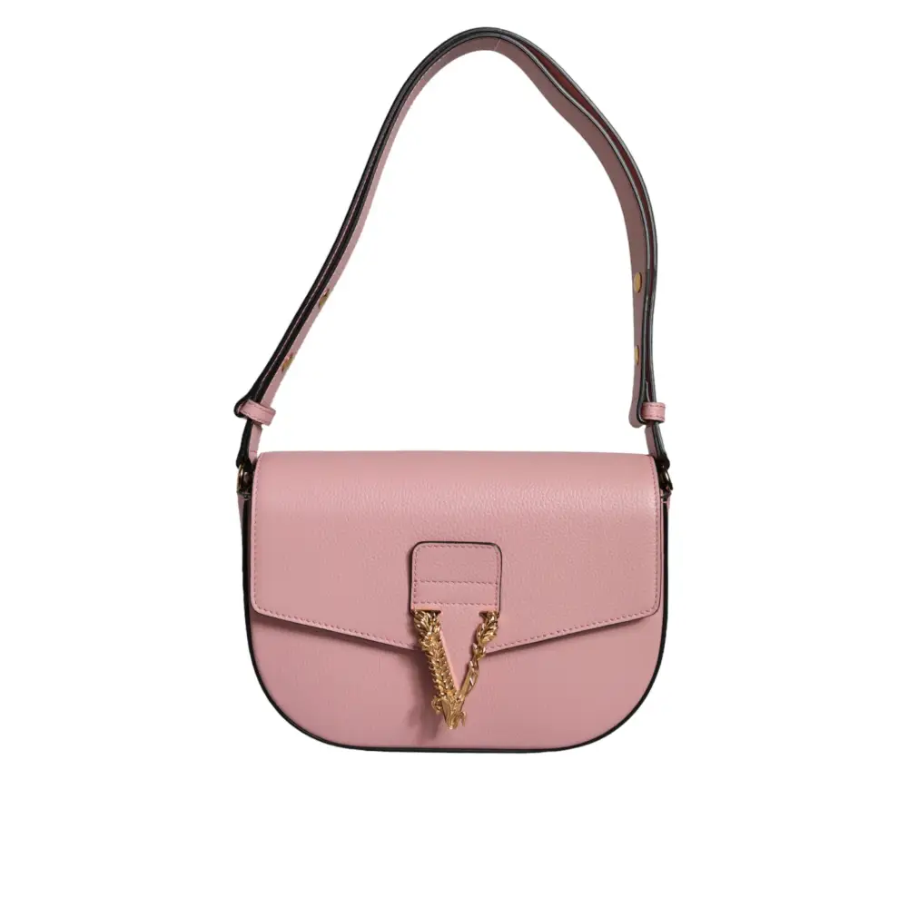 Versace Pink Grainy Calf Leather Logo Crossbody Shoulder Bag