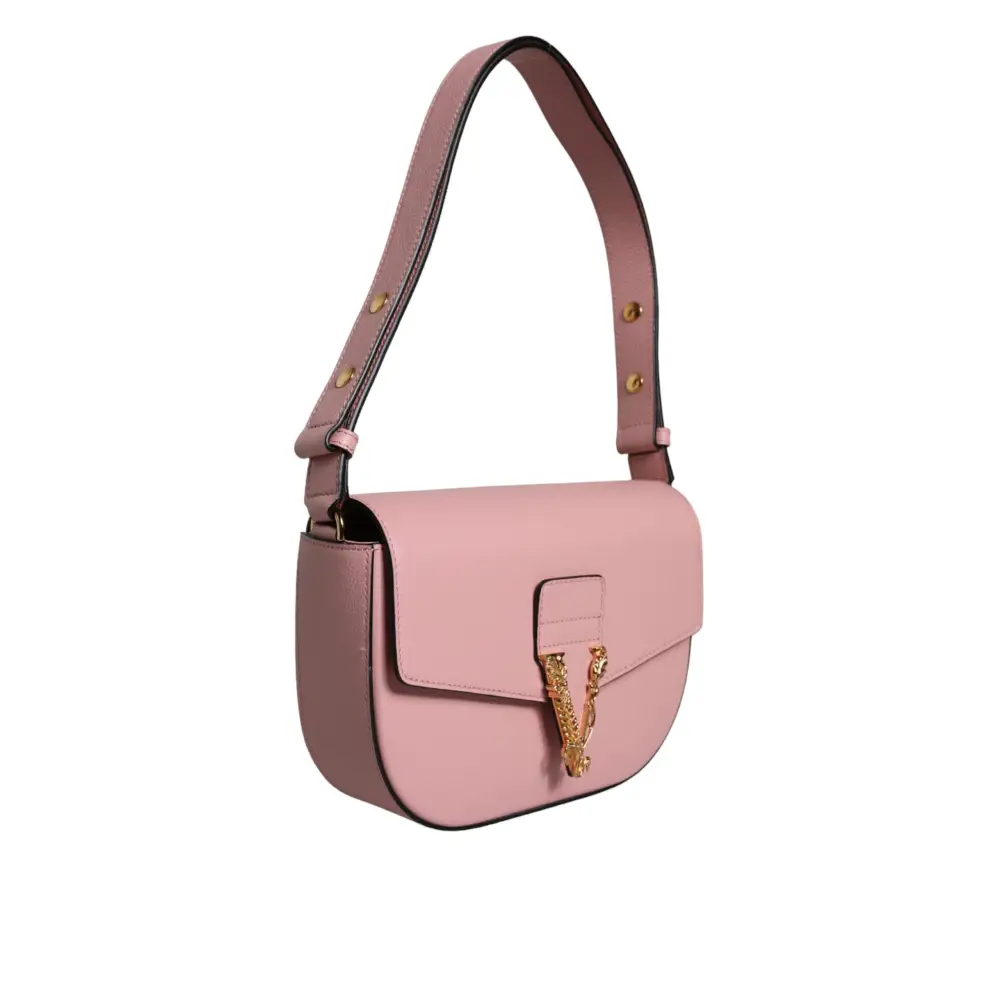 Versace Pink Grainy Calf Leather Logo Crossbody Shoulder Bag